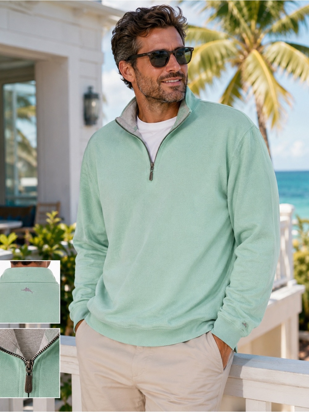 Tommy Bahama Reversible Quarter Zip Pullover Men’s XL Mint Green Gray